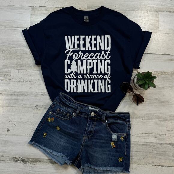 Gildan Tops - Weekend Forecast Camping With a Chance of Drinking Large T-Shirt Navy Blue